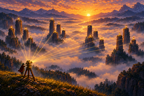 A brass surveying instrument on a ridge measuring the height of sixteen lantern-topped stone columns, a picture of finding your child's level in every maths topic