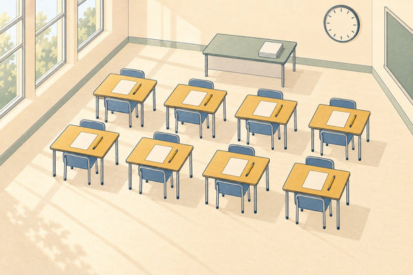 An empty bright exam hall with twelve desks set out in neat rows
