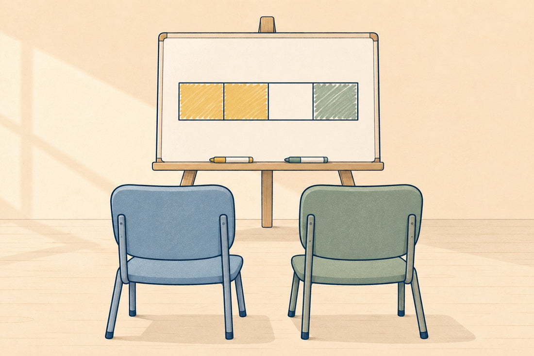Two empty chairs facing a shared whiteboard with a bar model drawn on it