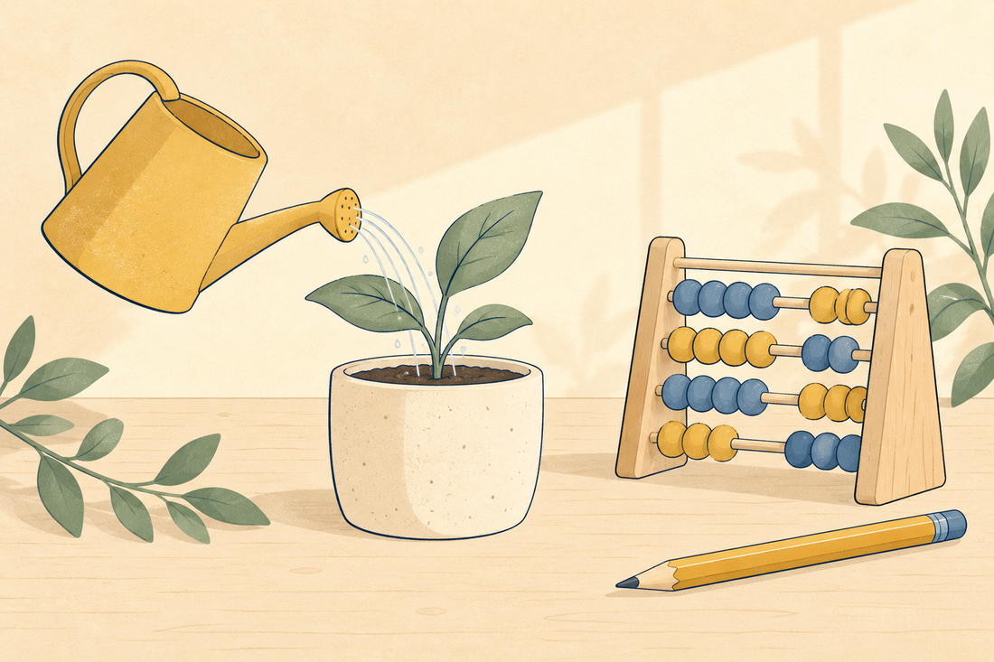 A seedling being watered next to a bead abacus and a pencil