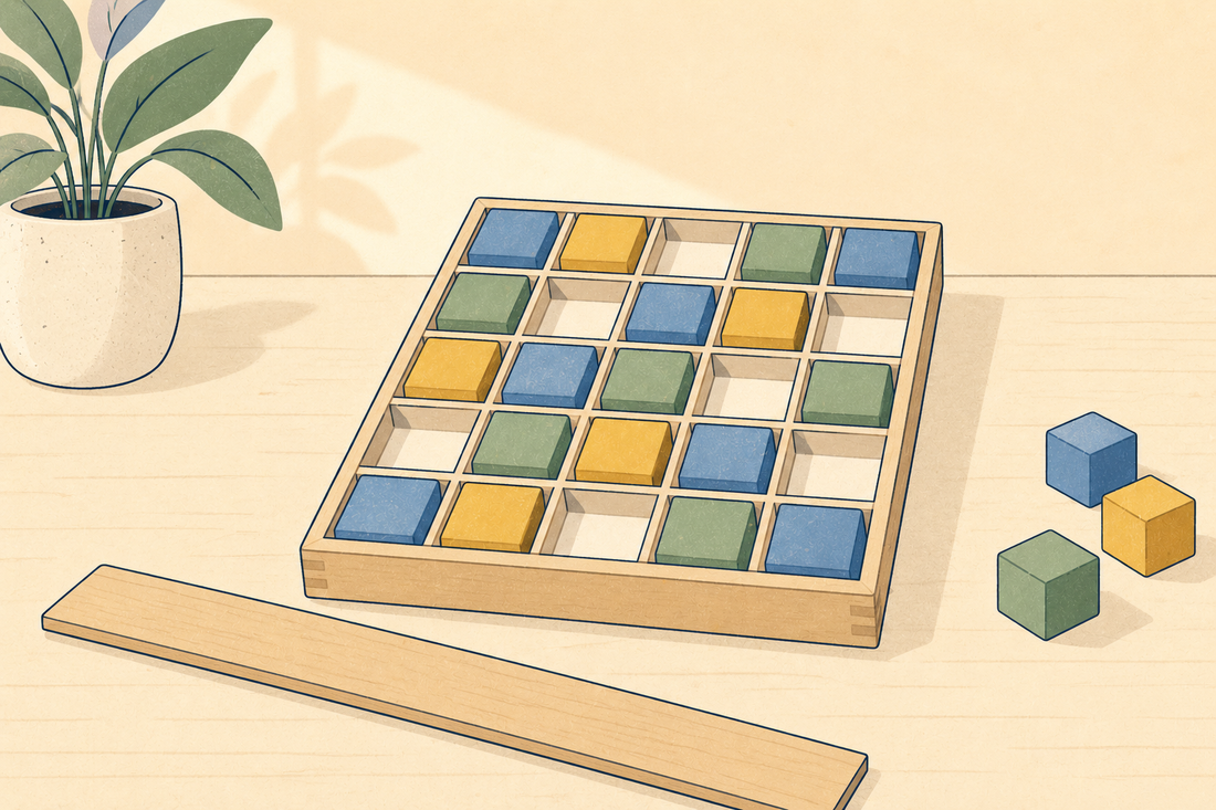 A tray of cubes almost filled in, with three loose cubes and a ruler beside it
