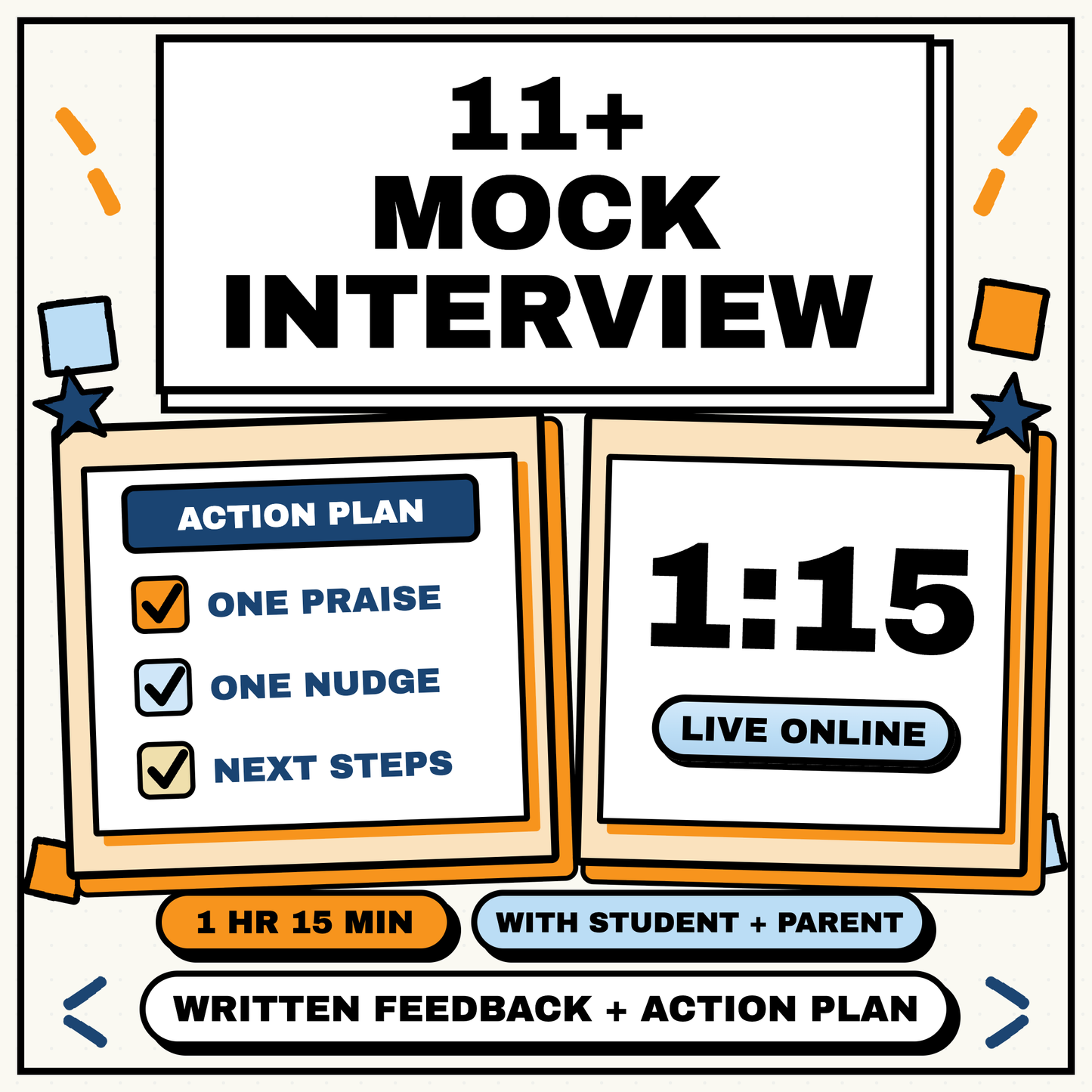11+ Mock Interview, 1 hour 15 minutes online with student and parent, written feedback and action plan