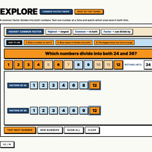 Common Factor Finder tool, testing which numbers divide into both 24 and 36
