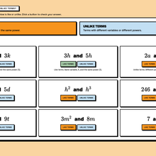 Explore activity matching like and unlike algebra terms, mid-interaction with answers checked