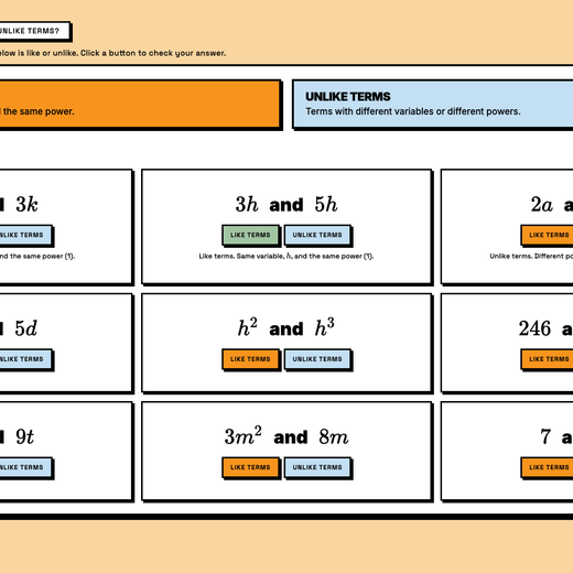 Explore activity matching like and unlike algebra terms, mid-interaction with answers checked