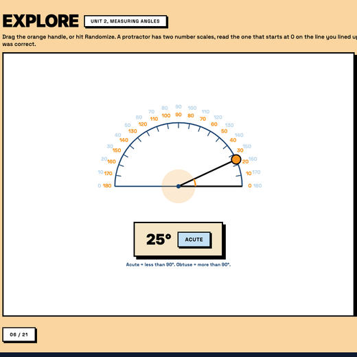 Explore tool, Unit 2 Measuring Angles, live protractor with angle revealed