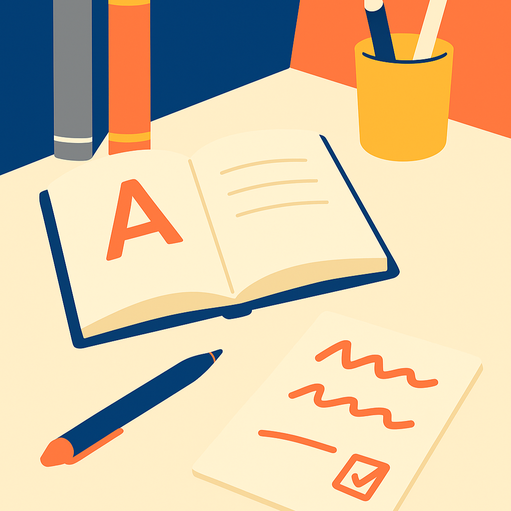 Open English vocabulary workbook with practice sheet and pen, designed for 11+ grammar school entrance exam preparation and vocabulary development.