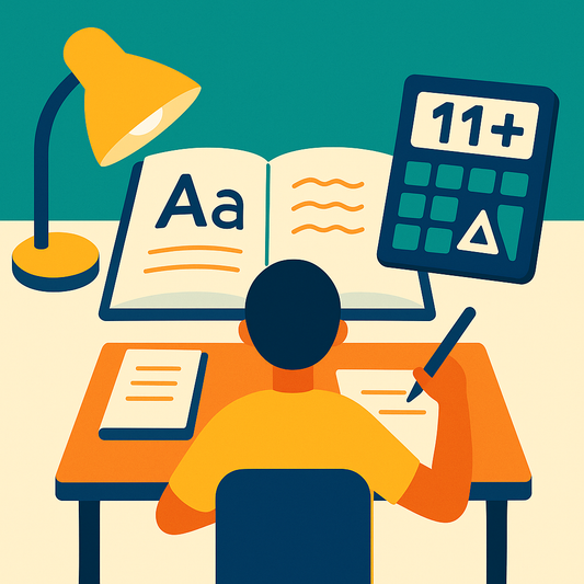 Student preparing for 11+ maths and English exam with workbook and calculator, online 11 plus tutoring support in the UK.