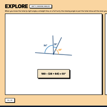 Explore tool, Unit 4 Missing Angles, live equation solving for the missing angle