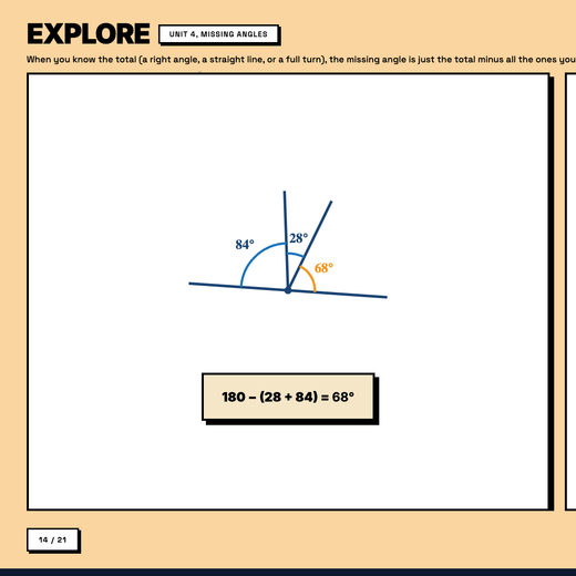 Explore tool, Unit 4 Missing Angles, live equation solving for the missing angle