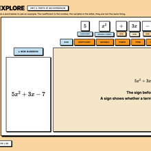 Interactive parts-of-an-expression glossary showing coefficient, variable and sign labelled on a live expression