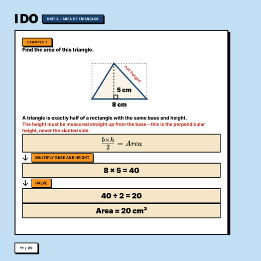 Worked example, area of a triangle, showing why a slanted side is not the height