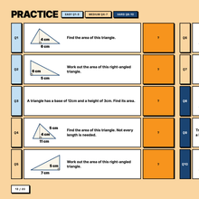 Area of triangles practice questions, colour-coded by difficulty, answers hidden