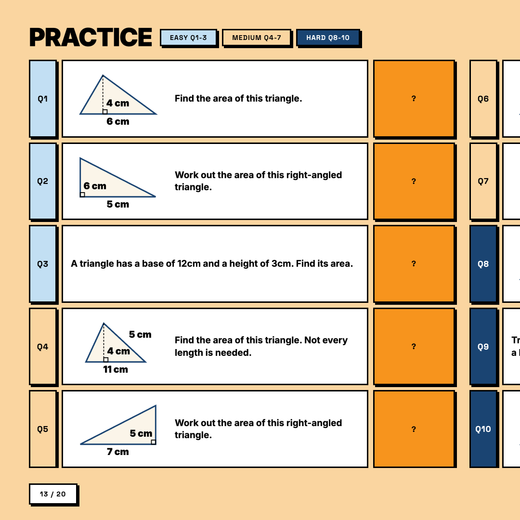 Area of triangles practice questions, colour-coded by difficulty, answers hidden