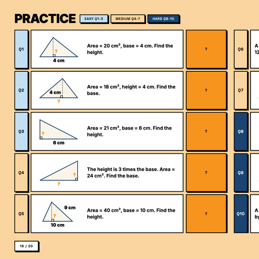 Finding a missing base or height from the area of a triangle, answers hidden
