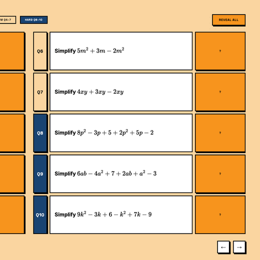 Hardest tier practice questions on collecting like terms with powers, answers hidden