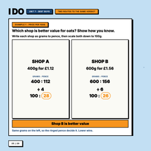 Best buys worked example, comparing two shops at price per 100g
