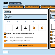 Worked example, 34 times 100 shown on a place value chart