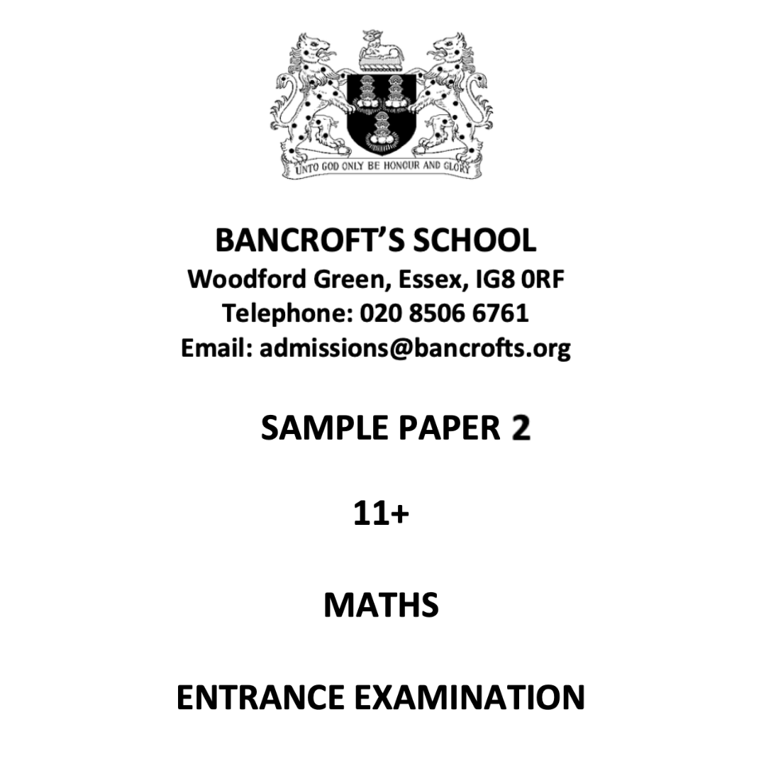 Cover page of Bancroft’s School mathematics sample paper 2 for 11+ entrance examination.