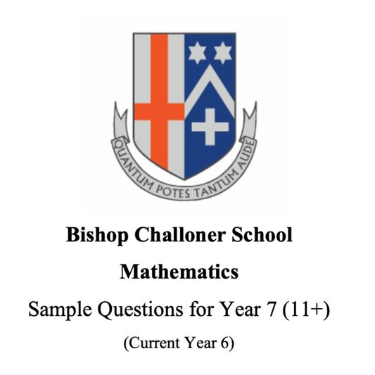 Cover page of Bishop Challoner School mathematics sample questions for Year 7 (11+) entry, showing the school crest.
