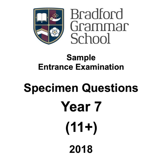 Cover page of Bradford Grammar School mathematics specimen questions for Year 7 (11+) entry dated 2018.