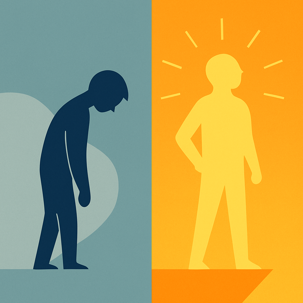 Illustration showing a struggling student on one side and a confident, successful student on the other, representing improved confidence through GCSE maths tutoring.