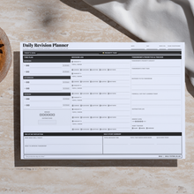 Daily revision planner sheet with morning, afternoon and evening time plan, revision log and end-of-day reflection