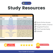 Colour-coded GCSE study resources displayed in a revision planner spreadsheet with topic breakdowns.