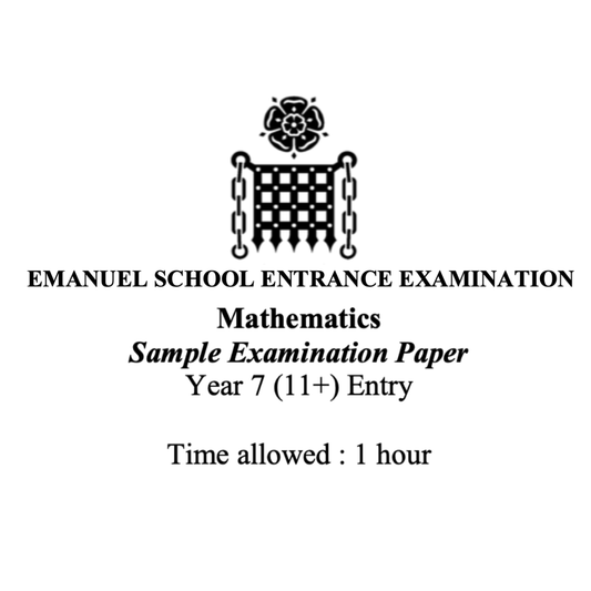 Cover page of the Emanuel School Mathematics entrance examination sample paper for Year 7 (11+), showing the school crest and exam details.