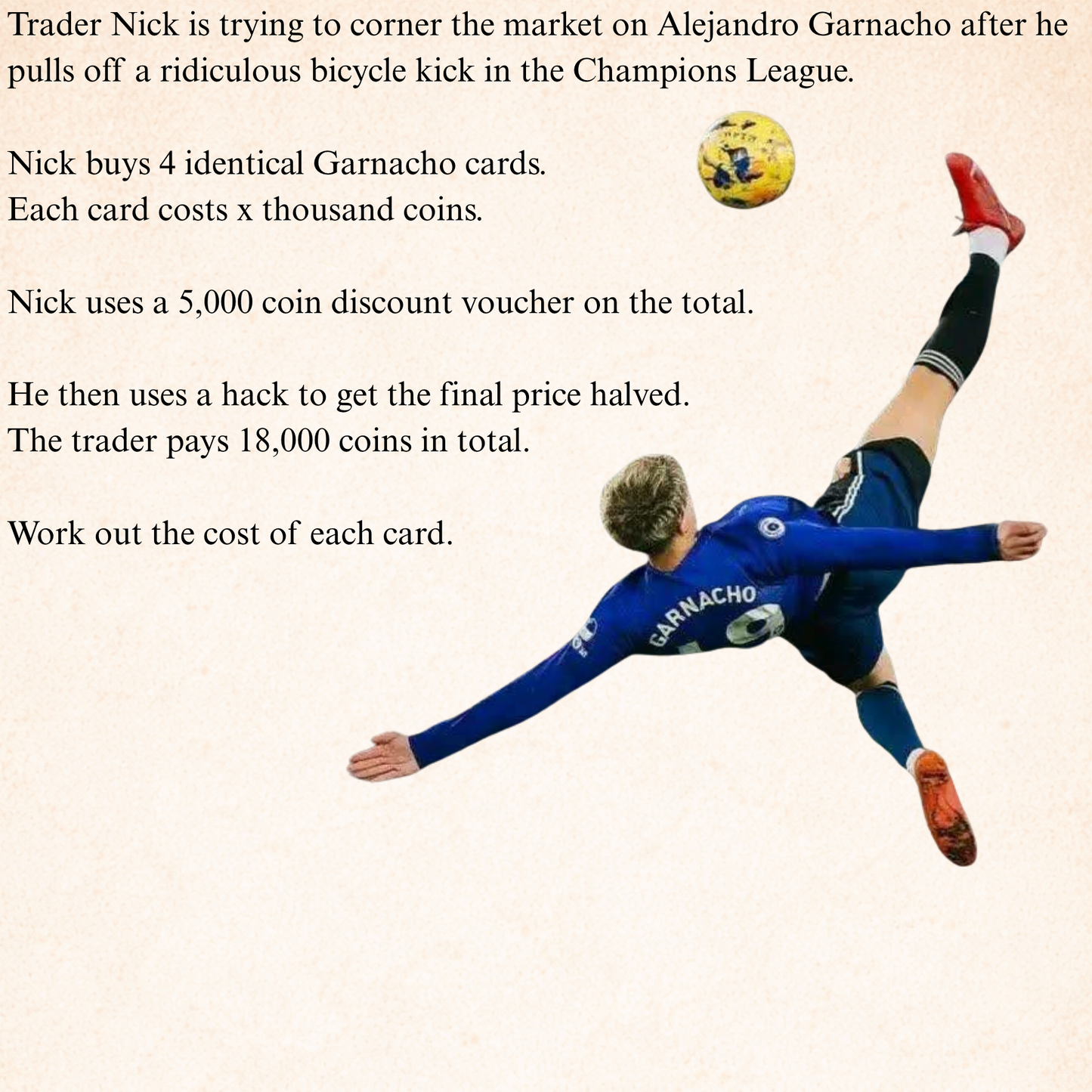 GCSE Higher algebra word problem based on FIFA Ultimate Team trading scenario involving forming and solving an equation to find card cost.