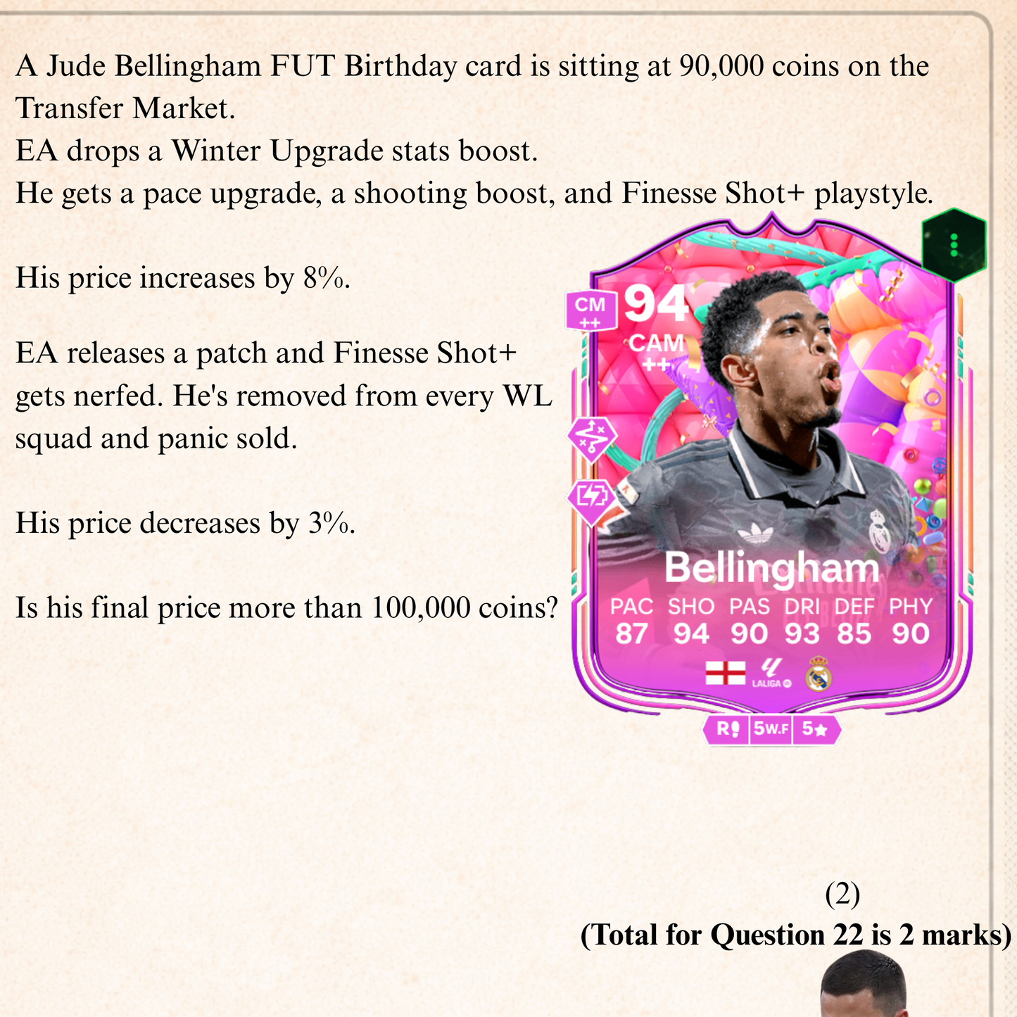 GCSE maths percentage change problem based on FIFA Ultimate Team card price rising by 8% then falling by 3%, asking for final value comparison.