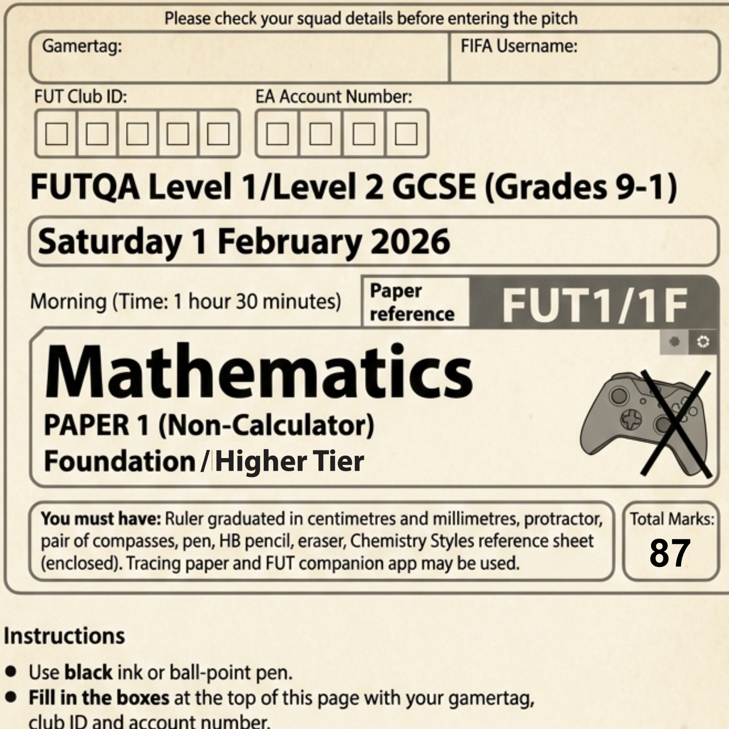 FUT-themed GCSE Maths Paper 1 non-calculator exam front cover for Foundation and Higher tiers, styled like an official exam paper.