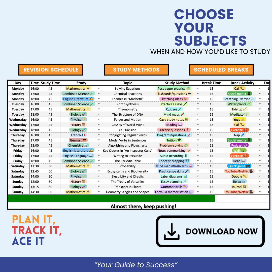Revision schedule creation sheet showing a step-by-step layout for building a GCSE study plan.
