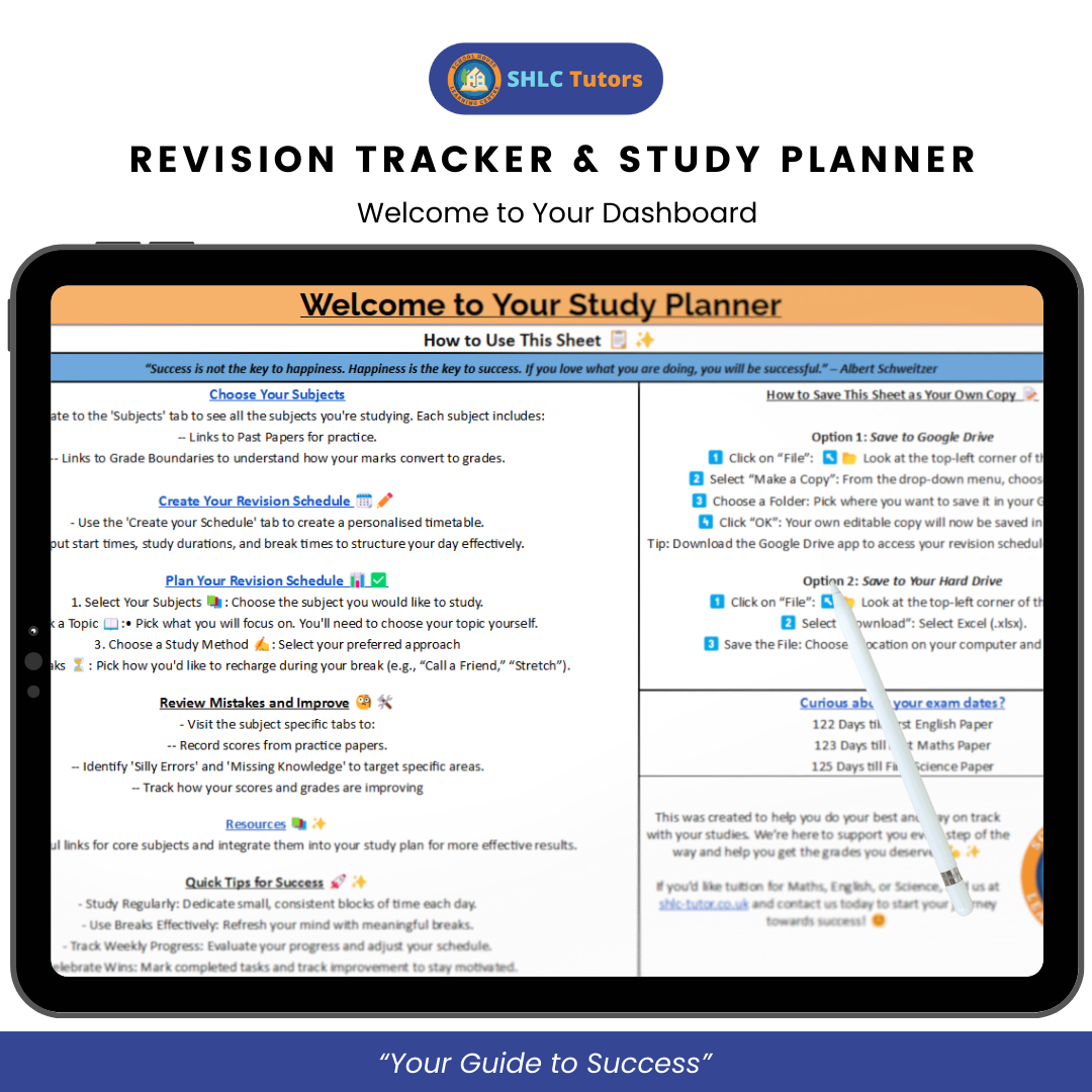 Digital GCSE revision tracker and study planner displayed on a tablet screen.