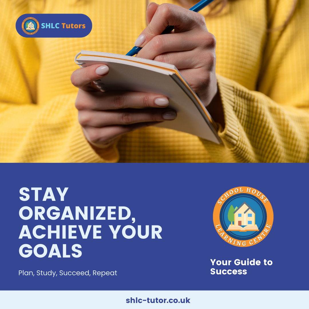 Student holding a tablet alongside a GCSE study planner focused on organisation and goal setting.