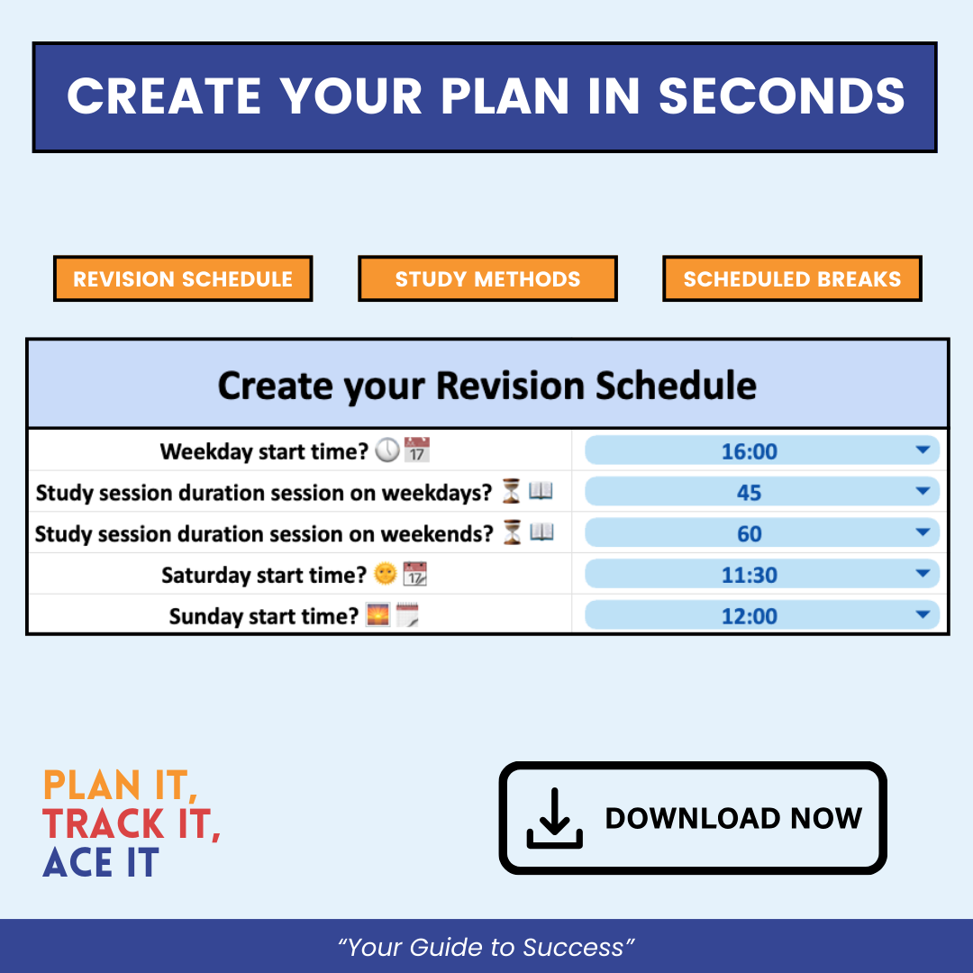 Revision planner spreadsheets showing GCSE subject selection and weekly study schedules.