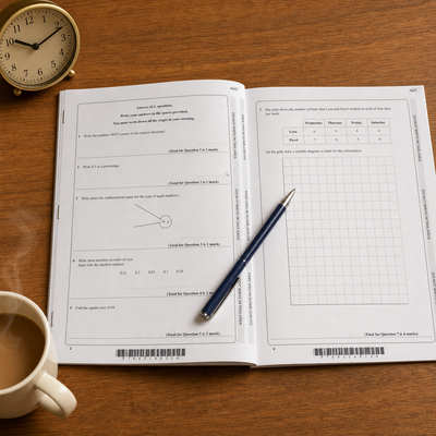 Printed and bound GCSE past paper open on a desk beside a pen and a mug of coffee