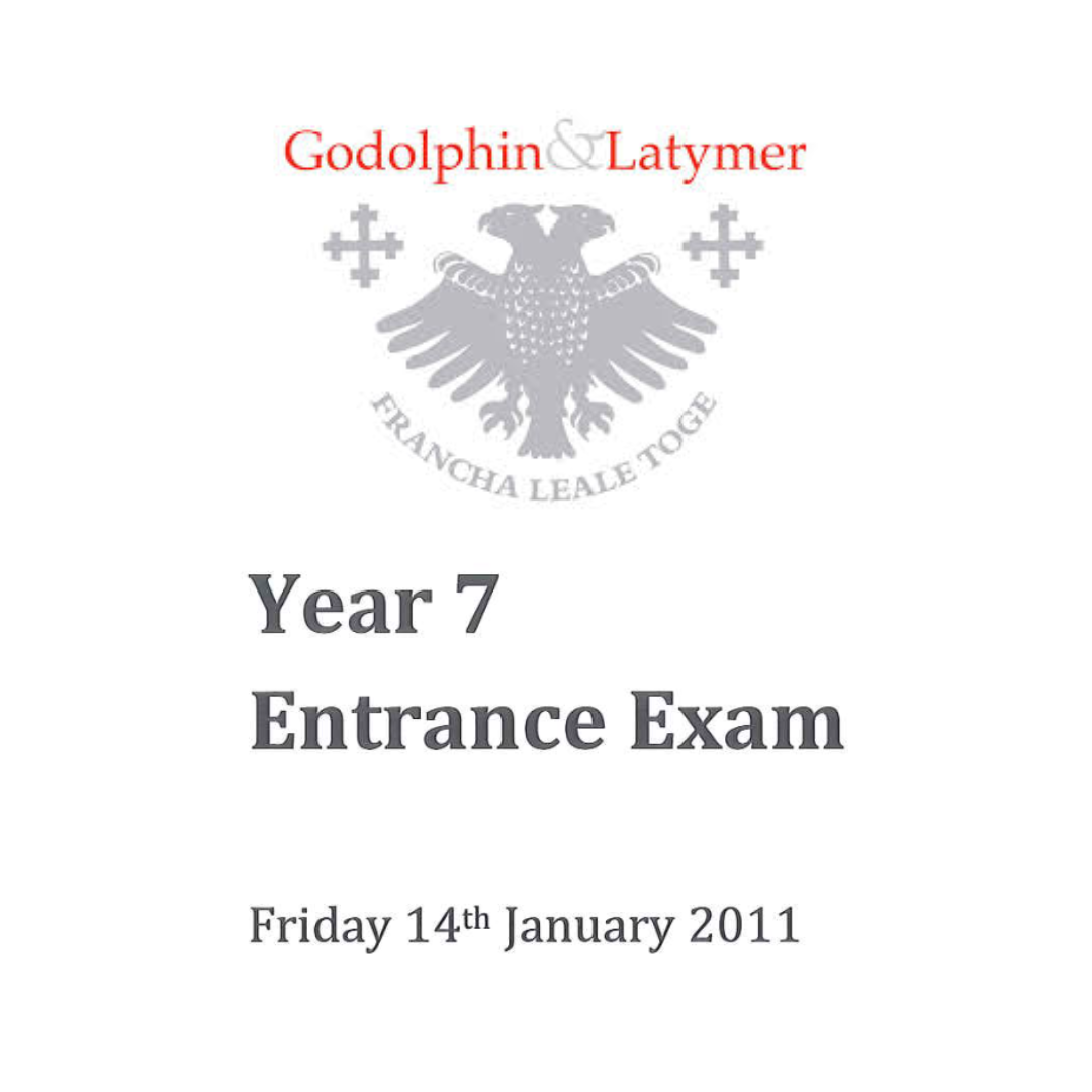 Cover page of the Godolphin and Latymer School Year 7 Entrance Examination paper dated January 2011, showing the school crest.