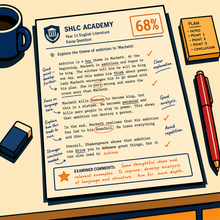 Marked Year 11 English Literature Macbeth essay scoring 68 percent, with margin annotations and written examiner comments
