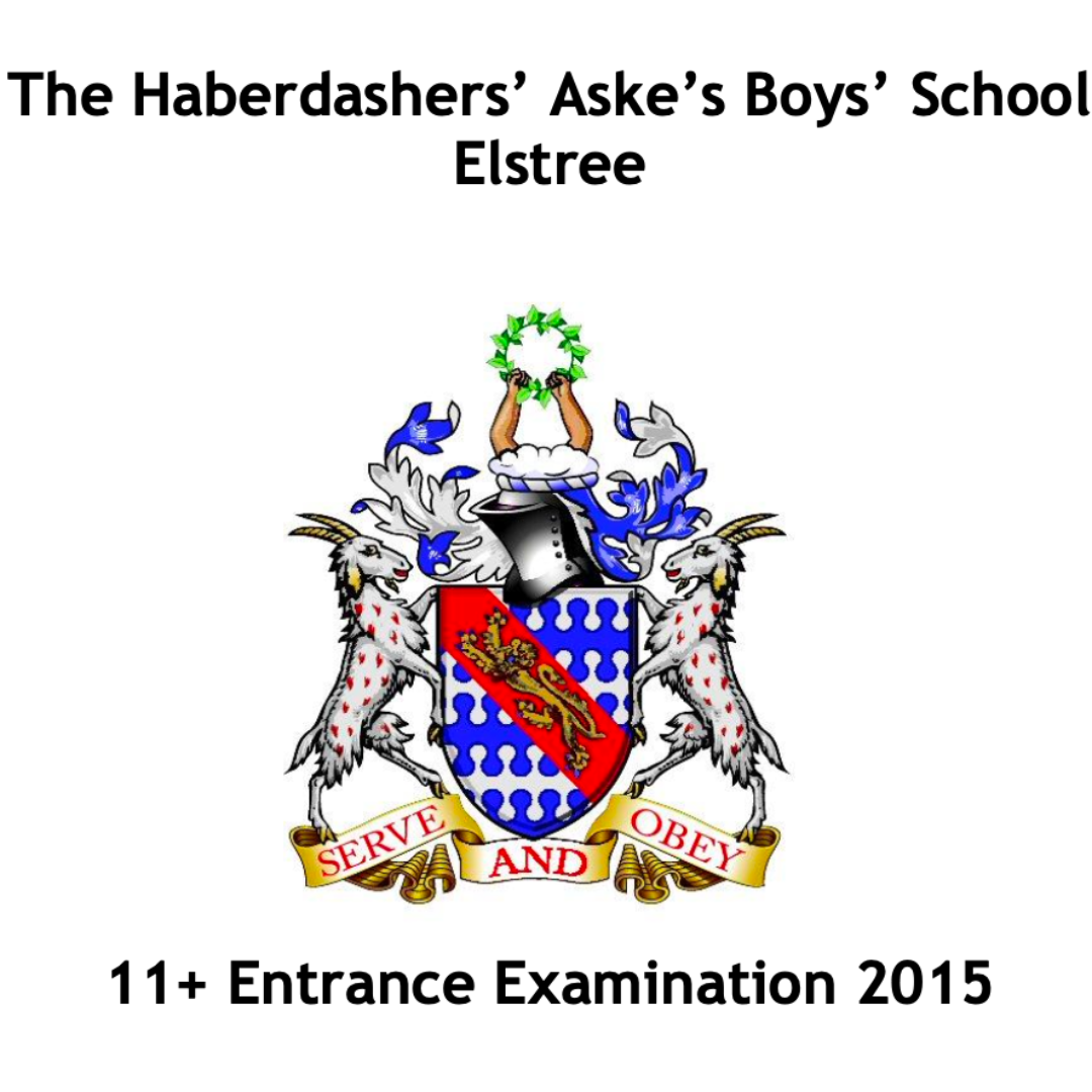 Cover page of the Haberdashers’ Aske’s Boys’ School 11+ entrance examination from 2015, displaying the school crest.