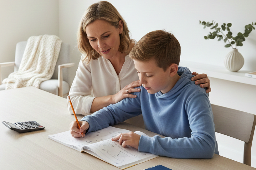 Woman helping a boy with his homework at a table in a bright room.