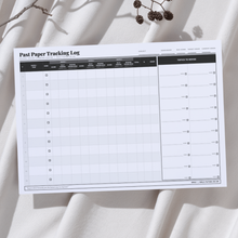 Past paper tracking log sheet for recording paper scores, missing knowledge and topics to revise
