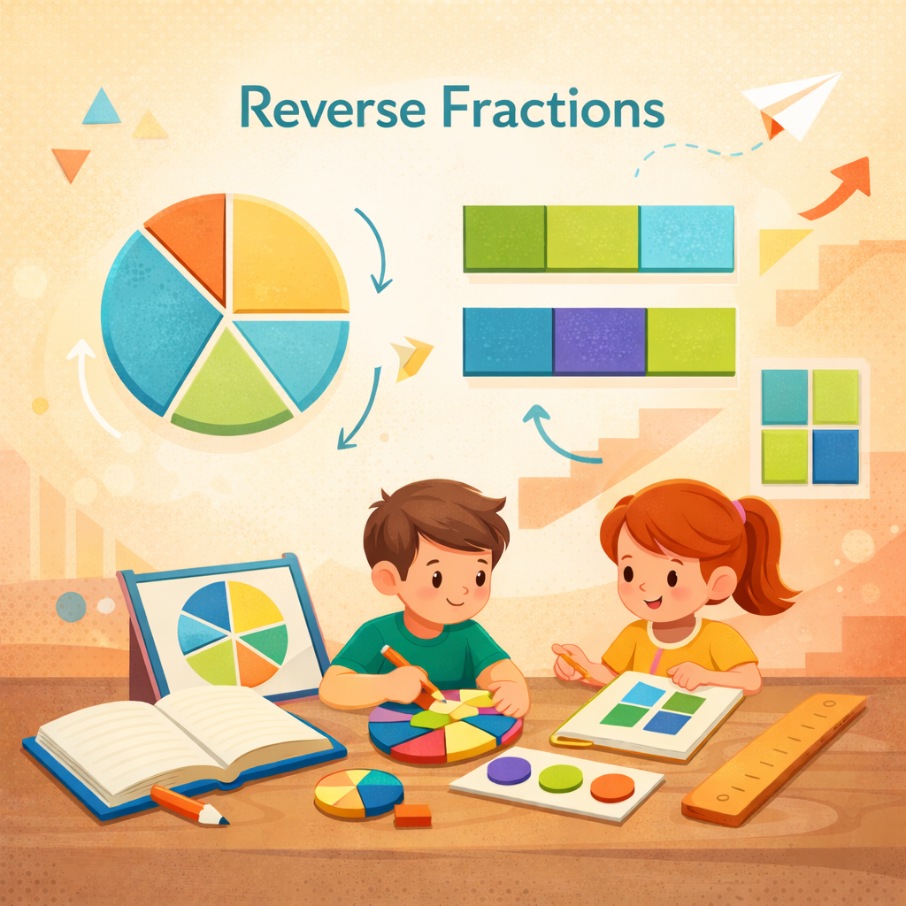 Children learning reverse fractions using visual pie charts and fraction bars, supporting KS2 and GCSE maths revision and tutoring.