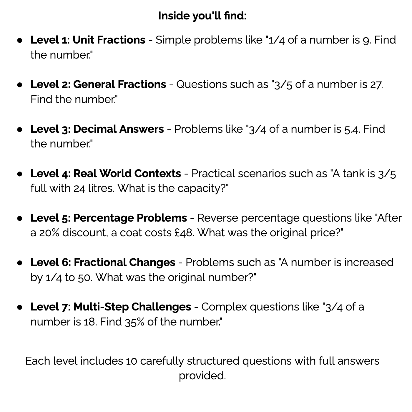 Overview page showing 7 structured levels of reverse fraction and percentage problems, from unit fractions to multi-step challenges with full answers included.