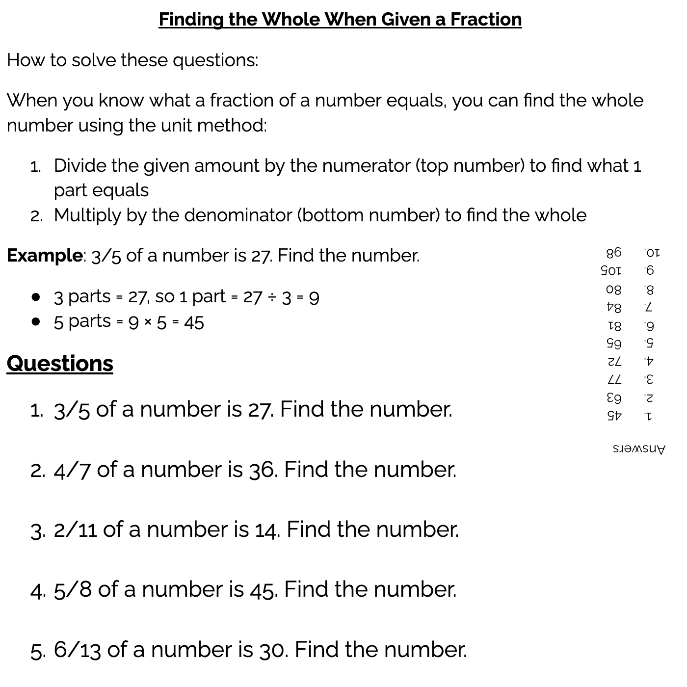 Maths worksheet on finding the whole number when given a fraction, including worked example and practice questions for KS2 and GCSE Foundation students.