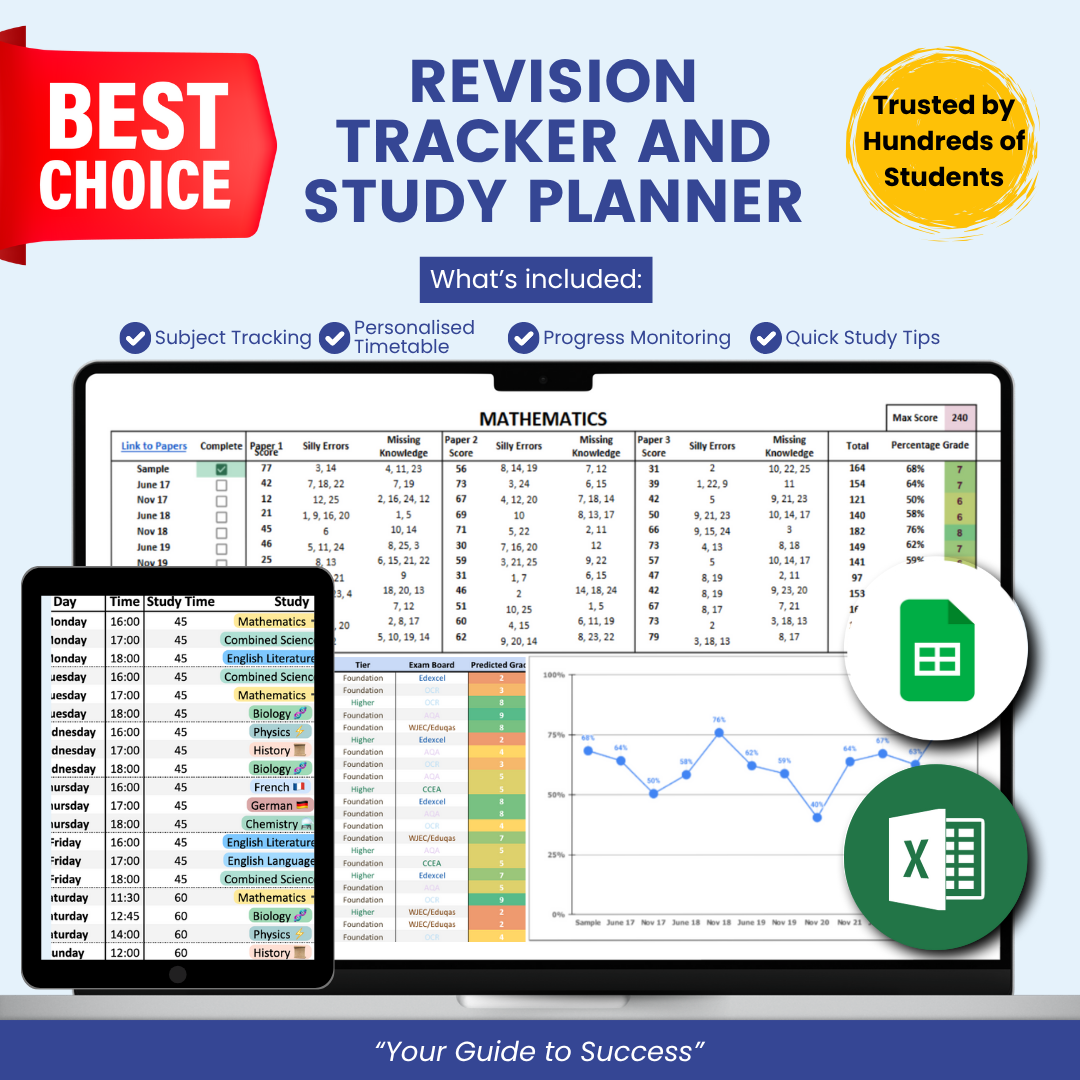 GCSE revision tracker and study planner showing schedules, progress charts, and subject tracking.