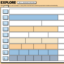 Explore tool, Unit 2 equivalent fractions wall, shading a row shades every equivalent row automatically