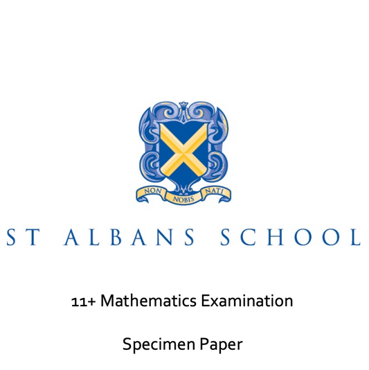 Cover page of St Albans School mathematics specimen paper for 11+ entry, showing the school crest.