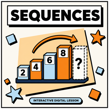 Digital cover graphic for an interactive lesson about sequences, featuring a bar chart with numbers 2, 4, 6, 8, and a question mark, with the title 'SEQUENCES' at the top.