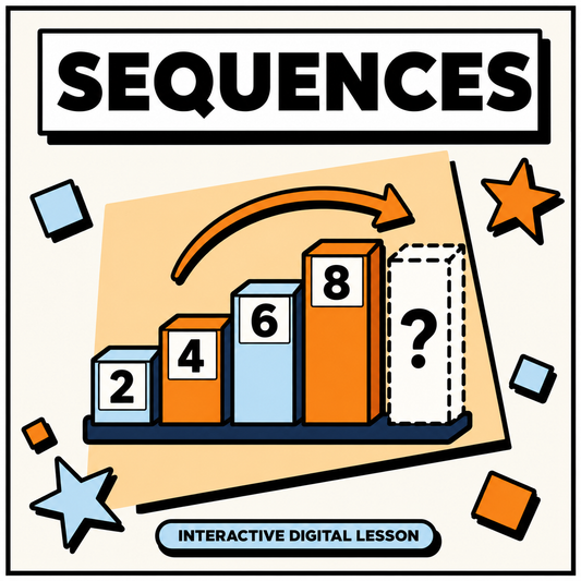 Digital cover graphic for an interactive lesson about sequences, featuring a bar chart with numbers 2, 4, 6, 8, and a question mark, with the title 'SEQUENCES' at the top.
